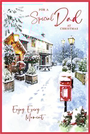 Help your customers celebrate their amazing dads this Christmas with this enchanting card from Simon Elvin. This delightful design captures the quintessential charm of a snowy village scene, featuring a warmly lit pub, traditional street lamps, and a festive red post box adorned with holly. Footprints in the fresh snow add a touch of nostalgic wonder. With the loving message 'For a Special Dad at Christmas' and 'Enjoy Every Moment', it's the perfect way to convey warmth and affection. Stock up on this popular choice, available in a convenient pack of 6, and add a touch of festive magic to your seasonal offerings.