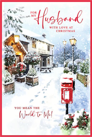Send heartfelt wishes this Christmas with our beautiful 'Husband' Christmas card from Simon Elvin. This charming card features a wonderfully festive, snow-covered village scene, complete with a twinkling, traditional pub and a classic red post box. Footprints in the fresh snow add a touch of warmth and romance to this idyllic winter wonderland. The loving message, "FOR MY Husband WITH LOVE AT CHRISTMAS" and "YOU MEAN THE World to Me!", perfectly expresses deep affection. Ideal for retailers looking to offer a truly special card for husbands this festive season. This wholesale product comes in a convenient pack size of 1x6, ensuring you're well-stocked for customer demand.