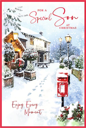 Capture the enchanting spirit of Christmas with this delightful card for a special son, brought to you by Simon Elvin. The beautiful watercolour-style illustration depicts a quintessential snowy village scene, featuring a welcoming pub adorned with festive lights, charming street lamps, and a classic red post box. Footprints in the fresh snow add a touch of warmth and nostalgia. With the loving message "For a Special Son at Christmas" and "Enjoy Every Moment," it's the perfect way to convey your festive greetings. Available in a convenient pack of 6, these cards are ready to spread cheer.