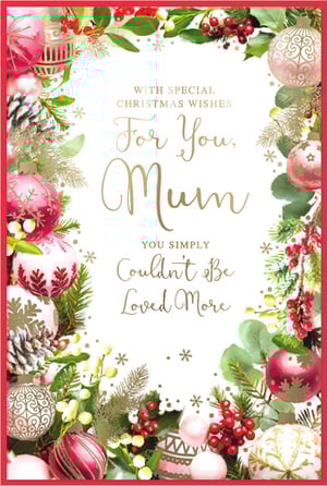 Make Mum's Christmas truly special with this beautiful card from Simon Elvin. Adorned with a lavish festive border, it features an exquisite array of pink and red baubles, shimmering gold foliage, natural pinecones, and vibrant red berries, all set against a crisp white background. The elegant gold script delivers a heartfelt message: 'WITH SPECIAL CHRISTMAS WISHES For You, Mum YOU SIMPLY Couldn't Be Loved More'. This card perfectly blends traditional charm with a touch of modern sparkle, ensuring it stands out on any mantelpiece. Available in a convenient pack of six, it's the ideal choice for retailers looking to offer a premium, loving sentiment this festive season.