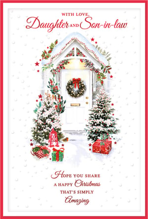 Delight your Daughter and Son-in-law this festive season with this enchanting Christmas card from Simon Elvin. Featuring a beautifully illustrated snowy cottage entrance, complete with twinkling lights, festive garlands, and snow-dusted Christmas trees, it captures the magic of winter. Adorable presents and a charming robin add a heartwarming touch to the idyllic scene.

The card carries a loving message: 'WITH LOVE, Daughter AND Son-in-law, HOPE YOU SHARE A HAPPY Christmas THAT'S SIMPLY Amazing'. It's the perfect way to send warm wishes and show how much they mean to you. Stock up on these popular cards, available in convenient packs of 6, ensuring your customers can find the ideal card for their cherished family members.