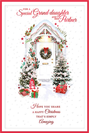 Offer your customers a truly heartwarming way to wish their loved ones a Merry Christmas with this beautiful 'Granddaughter & Partner' card from Simon Elvin. The enchanting design features a snow-covered cottage entrance, complete with a festive wreath, twinkling lights, and lush garlands. Flanked by two delightful, snow-dusted Christmas trees, the scene is further enhanced by charming presents, a red lantern, and a friendly robin nestled in the snow. The heartfelt message "Hope you share a Happy Christmas That's Simply Amazing" perfectly conveys warm festive wishes. This lovely card is ideal for any special granddaughter and her partner. Available in a convenient pack of 6.