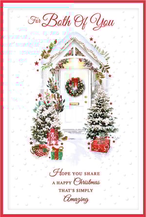 Share warm festive wishes this season with our delightful 'To Both Of You' Christmas cards from Simon Elvin. This charming design features a beautifully decorated snowy doorstep, complete with a welcoming wreath, twinkling Christmas trees, and festive gifts, evoking a truly magical winter scene. The heartfelt message, 'Hope you share a Happy Christmas that's simply Amazing,' makes it perfect for sending to couples, friends, or family. Each card captures the joy and wonder of the holidays, ensuring your customers can spread cheer with ease. Available in a convenient pack of 6, these cards are a wonderful addition to any seasonal collection.
