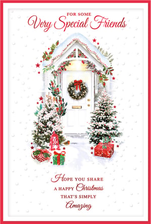 Share the magic of Christmas with our enchanting 'Friends' card from Simon Elvin. This beautiful design captures a quintessential festive scene, featuring a welcoming snowy doorway adorned with a twinkling wreath, lush garlands, and two charming Christmas trees. Delightful presents and a little robin complete the heartwarming winter tableau.
Perfect for conveying sincere wishes, the card reads, "FOR SOME Very Special Friends... HOPE YOU SHARE A HAPPY Christmas THAT'S SIMPLY Amazing." It's an ideal choice for customers wanting to send warm greetings to their cherished friends. Available in convenient packs of six, these cards are a wonderful addition to your seasonal collection, promising to bring joy to every recipient.