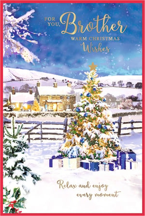Bring festive cheer to your customers with this heartwarming 'Brother' Christmas card from Simon Elvin. Featuring a truly enchanting snowy village scene, complete with a beautifully decorated Christmas tree laden with blue baubles and golden lights, this card captures the magic of the season. Snow-covered cottages glow warmly in the background, creating a serene and inviting atmosphere. Underneath the sparkling tree, a pile of presents awaits, adding to the excitement. The card’s message, 'FOR YOU, Brother, WARM CHRISTMAS Wishes' and 'Relax and enjoy every moment,' conveys a thoughtful and loving sentiment. Perfect for brothers, this delightful design is sure to bring a smile. Available in convenient packs of six, it’s an essential addition to your seasonal greeting card collection.
