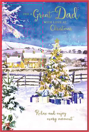Help your customers celebrate a 'Great Dad' this Christmas with this enchanting card from Simon Elvin. The stunning design showcases a picturesque snowy village, complete with twinkling house lights and a beautifully adorned Christmas tree, laden with blue baubles and golden lights. Underneath, a scattering of festive presents adds to the holiday cheer. The warm message 'FOR A Great Dad WITH LOVE AT Christmas' and 'Relax and enjoy every moment' conveys genuine affection. Each pack contains 6 cards, offering a wonderful way for loved ones to send their festive greetings. A truly special card for a truly special Dad.