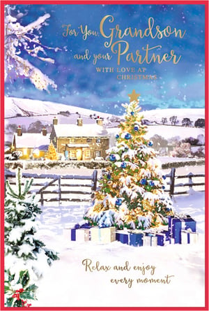 Send warm festive wishes to your Grandson and his Partner this Christmas with this beautiful card from Simon Elvin. Featuring a charming snowy village scene, complete with a dazzling Christmas tree adorned with blue and gold decorations and twinkling lights, it perfectly captures the magic of the season. Cozy cottages glow warmly in the background, creating an idyllic winter wonderland.

The card's heartfelt message, "For You Grandson and your Partner WITH LOVE AT CHRISTMAS," is complemented by the gentle sentiment, "Relax and enjoy every moment." This delightful design is sure to bring joy. Available in a convenient pack of 6, it's ideal for your retail display.
