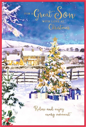 Help your customers celebrate their sons this Christmas with our beautiful 'Son' Christmas card from Simon Elvin. This enchanting design captures the magic of a winter wonderland, showcasing a picturesque snowy village nestled amongst rolling hills. A magnificent, snow-dusted Christmas tree, sparkling with golden lights and blue baubles, takes centre stage, surrounded by festive presents. The heartfelt messages, 'FOR A Great Son WITH LOVE AT Christmas' and 'Relax and enjoy every moment', convey warmth and affection. Perfect for retailers looking to stock high-quality, traditional Christmas cards. Each pack contains 6 cards, ensuring your shelves are well-stocked for the festive season.