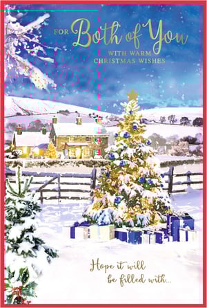 Bring festive cheer to your customers with this beautiful "To Both Of You" Christmas card from Simon Elvin. This charming design captures the magic of a traditional snowy Christmas scene, featuring quaint cottages nestled amongst rolling hills. A magnificent, snow-dusted Christmas tree takes centre stage, adorned with sparkling golden lights and blue baubles, surrounded by a pile of festive presents.

The card's elegant message, "FOR Both of You WITH WARM CHRISTMAS WISHES," is perfect for couples, friends, or family. With its cosy and inviting atmosphere, this card is sure to convey heartfelt greetings during the festive season. Available in a convenient pack of 6, it's an ideal choice for your seasonal stock.