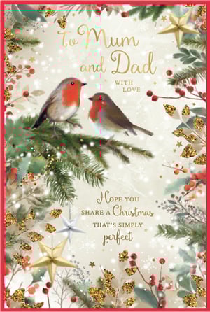 Show Mum and Dad just how much they mean to you this Christmas with this truly charming card. Adorned with two sweet robins nestled on a snow-dusted fir branch, it's a beautiful scene of winter wonder. Delicate red berries, sparkling gold glitter, and festive stars add a touch of magic, while the warm message inside wishes them a 'simply perfect' Christmas. This card is an ideal way to send your love and make their festive season extra special.