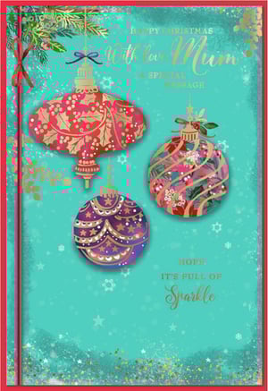 Offer your customers a truly special way to celebrate Mum this Christmas with this beautiful card from Simon Elvin. Adorned with a vibrant teal background, the design showcases three elegantly detailed baubles in rich pink, red, and purple, all highlighted with intricate gold foil patterns. Festive pine branches and a charming red ribbon complete the traditional look, while a scattering of snowflakes and subtle glitter adds a touch of sparkle. With a warm message wishing Mum a Christmas "full of Sparkle", this card is sure to convey heartfelt wishes. Available in a convenient pack of 1x6, it's a wonderful addition to your seasonal collection.