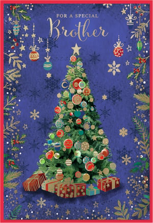 Make his Christmas extra special with this beautiful 'Brother' Christmas card. This festive design features a classic Christmas tree, richly decorated with colourful baubles and a shining star, surrounded by elegantly wrapped gifts. The deep blue background, adorned with delicate snowflakes and golden stars, is framed by intricate festive foliage and hanging ornaments, creating a truly magical scene. The heartfelt message 'FOR A SPECIAL Brother' is elegantly scripted in shimmering gold. Perfect for spreading festive cheer, these high-quality cards are available in a convenient pack of 6, ready for your seasonal display.