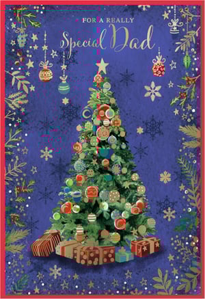 Help your customers celebrate their amazing dads this Christmas with this truly special card from Simon Elvin. This festive design features a beautifully decorated Christmas tree, complete with a shining star and an array of colourful baubles. A delightful stack of presents rests at its base, adding to the holiday cheer. The rich blue background is elegantly adorned with shimmering gold stars and delicate snowflakes, framed by festive gold foliage. The heartfelt message 'FOR A REALLY Special Dad' is presented in a sophisticated gold script, making it the perfect choice for showing appreciation. Supplied in a convenient pack of 6, these cards are a wonderful addition to any Christmas card selection, offering quality and sentiment for a beloved father.