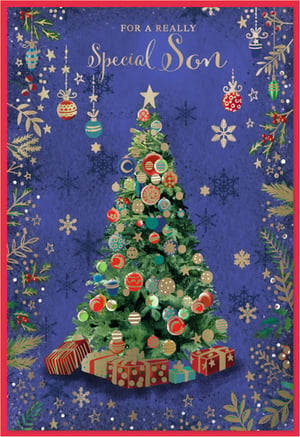 Celebrate your son this Christmas with a truly special card from Simon Elvin. This festive design features a beautifully decorated Christmas tree, sparkling with colourful baubles and topped with a golden star. Gifts are nestled at its base, ready for the big day. The rich blue background is adorned with delicate snowflakes and shimmering gold stars, creating a magical winter scene. Elegant gold lettering clearly states 'FOR A REALLY Special Son', making it easy to convey your love and warm wishes. Framed by intricate gold foliage and a classic red border, this card is a lovely way to show your son how much he means to you this festive season.