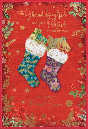 Share the joy of the season with this delightful Christmas card, specially crafted for a Granddaughter and her Partner. From trusted supplier Simon Elvin, this card features a festive design with two beautifully patterned stockings, brimming with gifts, against a rich red backdrop. Golden foliage, berries, and delicate snowflakes add a touch of sparkle. The elegant gold script conveys a warm message: "FOR YOU, Grand-daughter and your Partner AT CHRISTMAS" and "IT'S SUCH A Magical Season." This heartfelt card is perfect for expressing your love and is available in a convenient pack of 6, making it an excellent addition to any festive greeting card selection.