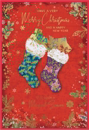 Spread festive cheer with this enchanting Christmas card from Simon Elvin. Featuring a vibrant red background adorned with shimmering gold foil accents, including delicate snowflakes and elegant foliage, this card truly captures the magic of the season. Two beautifully illustrated Christmas stockings, brimming with golden gifts, take centre stage, adding a touch of traditional charm. The heartfelt message, 'Have a Very Merry Christmas and a Happy New Year, It's Such a Magical Season,' is elegantly presented in gold script. As an 'Open' card, it offers ample space inside for your customers' personal greetings. Available in a convenient pack size of 1x6, these cards are a must-have for your seasonal collection.