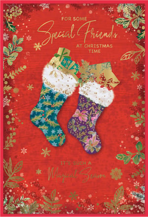 Share the joy of the season with our enchanting 'Friends' Christmas card from Simon Elvin. This delightful design features a rich red background, beautifully enhanced with shimmering gold foil snowflakes and festive foliage. At its heart are two charming Christmas stockings, overflowing with gifts and greenery. One boasts a vibrant teal holly pattern, while the other showcases an elegant purple floral design, both finished with soft, fluffy white cuffs. The warm message, 'FOR SOME Special Friends AT CHRISTMAS TIME, IT'S SUCH A Magical Season,' is elegantly presented in gold script. Perfect for sending heartfelt wishes to those special friends, these cards come in a convenient pack of 6, ready to brighten any festive display.