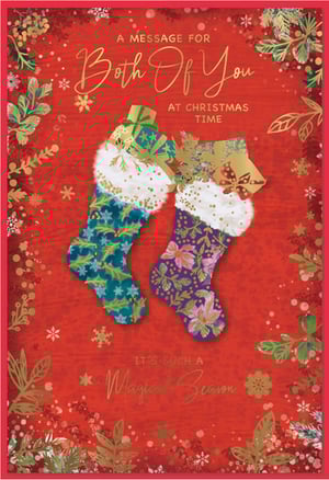 Offer your customers the perfect way to send festive greetings to couples with our 'To Both Of You' Christmas cards from Simon Elvin. This charming design features two beautifully patterned stockings, overflowing with gifts, set against a vibrant red background adorned with golden foliage and delicate snowflakes. The heartfelt message, "A Message For Both Of You At Christmas Time, It's Such A Magical Season," makes it an ideal choice for celebrating a special pair. Each pack contains 6 high-quality cards, ensuring your shelves are well-stocked for the holiday rush. A delightful addition to your Christmas card collection!