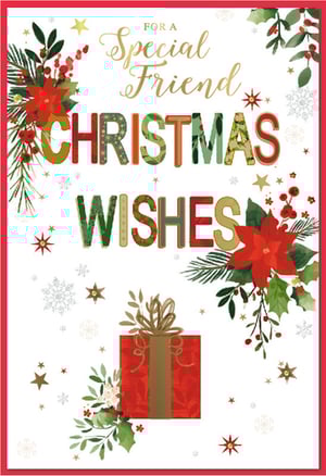 Send warm festive greetings to a cherished friend this Christmas with this beautiful card from Simon Elvin. Featuring a delightful design, this card showcases traditional Christmas elements like vibrant red poinsettias, classic holly, and festive foliage, all set against a crisp white background.
The elegant gold script reads 'FOR A Special Friend', while 'CHRISTMAS WISHES' is presented in charming, patterned letters, adding a touch of playful sophistication. A beautifully wrapped red gift box and sparkling snowflakes complete this heartwarming scene. Perfect for showing appreciation, this lovely card is designed specifically for a female friend. Available in a convenient pack of 6, it's an ideal choice for your festive card selection.