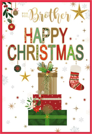 Send warm festive wishes to a special brother this Christmas with this delightful 'Brother' card from Simon Elvin. Featuring a charming design, it showcases a stack of beautifully wrapped presents, a traditional Christmas stocking, and festive ornaments, all set against a backdrop of twinkling stars and snowflakes. The cheerful 'HAPPY CHRISTMAS' message is presented in eye-catching, patterned lettering, while 'FOR YOU, Brother' is elegantly scripted in gold. Perfect for expressing heartfelt seasonal greetings, this card is sure to bring a smile. Each pack contains 6 identical cards, ensuring you're well-stocked for the festive season.