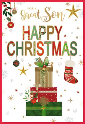 Offer your customers this charming Christmas card for their sons from Simon Elvin. Featuring the heartfelt message "FOR A Great Son HAPPY CHRISTMAS," this design combines elegant gold script with playful, patterned lettering in festive reds and greens.
The card is beautifully illustrated with classic Christmas motifs, including hanging baubles, sparkling stars, a cosy stocking, and a delightful stack of presents. Its traditional yet vibrant aesthetic makes it a perfect choice for conveying warm holiday wishes. Available in a convenient 1x6 pack, this high-quality card is an essential addition to your festive greeting card selection.