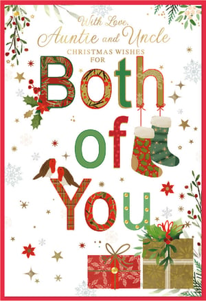 Help your customers send heartfelt Christmas wishes to their beloved Auntie and Uncle with this beautifully designed card. Adorned with classic festive imagery, the card features charming robins, traditional holly, and twinkling stars, all framing the warm message 'Both Of You' in decorative, patterned lettering. Hanging stockings and beautifully wrapped presents complete this cosy, traditional scene. Crafted by Simon Elvin, this card offers a truly special way to convey love and holiday cheer. Each pack contains 6 cards, ensuring you're well-stocked for the festive season.