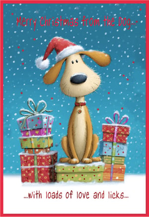 Make Christmas extra special for your customers with these delightful 'From The Dog' Christmas cards, proudly supplied by Simon Elvin. Each pack contains 6 charming cards, perfect for pet owners and animal lovers alike. The design features an irresistibly cute dog, sporting a festive Santa hat, perched atop a stack of colourful Christmas presents amidst a snowy, star-filled scene. The heartwarming message, "Merry Christmas from the Dog... with loads of love and licks...", adds a wonderfully personal and playful touch. These cards are an absolute must-have for any festive display, guaranteed to bring smiles and warm wishes this holiday season.