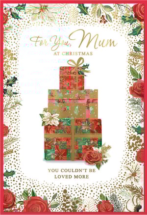 Help your customers celebrate Mum this Christmas with this delightful card from Simon Elvin. Adorned with a charming stack of festive presents, beautifully wrapped and embellished with classic poinsettias, holly, and elegant gold accents, it's a truly eye-catching design.
The warm message, 'For You, Mum AT CHRISTMAS, YOU COULDN'T BE LOVED MORE', conveys deep affection, making it the perfect choice for expressing love to a special Mum. This lovely card is sure to bring a smile to her face. Supplied in a convenient pack of 6, it's an ideal addition to your seasonal greeting card range. Order now to ensure your shelves are stocked with this thoughtful option.
