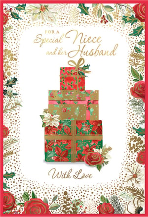 Delight your customers this festive season with this exquisite Christmas card, specially designed for a 'Special Niece and her Husband'. From trusted supplier Simon Elvin, this beautiful card features a charming stack of elegantly wrapped gifts, adorned with classic Christmas motifs like poinsettias, holly, and festive foliage in rich reds, greens, and shimmering gold. The intricate border, complete with delicate gold speckles, adds a touch of luxury and warmth. Perfect for expressing heartfelt wishes, this high-quality card is sure to be a popular choice. Available in a convenient pack of 6, it's an essential addition to your seasonal greeting card collection.
