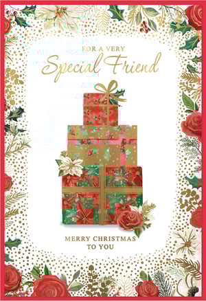Send warm festive wishes to a special friend this Christmas with this beautiful card. Featuring a delightful stack of presents surrounded by elegant red roses, white poinsettias, and golden accents, it's perfect for spreading holiday cheer. The heartfelt message 'For a Very Special Friend' makes it ideal for those cherished connections. Each card is finished with a touch of festive sparkle, making it truly stand out. Available in packs of 6, these charming cards are ready for your customers to share the joy of the season.