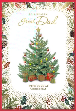 Make Dad's Christmas truly special with this beautiful festive card! Featuring a charmingly decorated Christmas tree, complete with a golden star, classic red baubles, and an array of delightful presents nestled at its base, this card is sure to bring a smile. The elegant design is framed by a stunning border of traditional holly, berries, pinecones, and shimmering gold accents, creating a truly luxurious feel.
The heartfelt message, "TO A REALLY Great Dad WITH LOVE AT CHRISTMAS," perfectly expresses your affection during the festive season. This lovely card is ideal for showing your appreciation to a wonderful father. Available in convenient packs of six, it’s a must-have for your Christmas card selection.