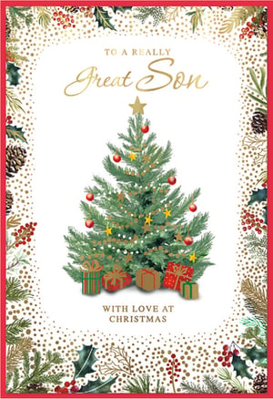 Celebrate your wonderful Son this Christmas with this beautifully designed card. Featuring a classic festive scene, the card showcases a charming Christmas tree adorned with red baubles and golden stars, surrounded by lovingly wrapped presents.
The elegant border of holly, pinecones, and berries, accented with shimmering gold dots, adds a touch of traditional warmth and sparkle. With the heartfelt message "TO A REALLY Great Son" and "WITH LOVE AT CHRISTMAS", it's the perfect way to express your affection during the festive season.
Each pack contains 6 high-quality cards, ready for your customers to share festive joy with their beloved sons.