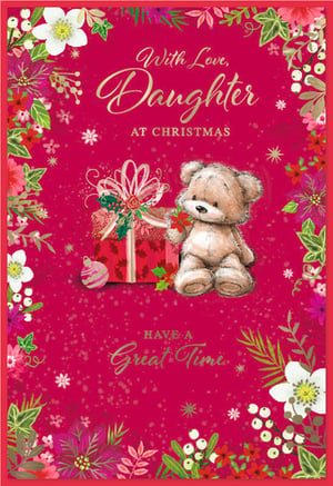 Delight your customers with this charming 'Daughter' Christmas card from Simon Elvin. Adorned with a sweet teddy bear, festive gift, and a sparkling bauble, it's set against a vibrant fuchsia backdrop. The card features elegant gold lettering wishing 'With Love, Daughter AT CHRISTMAS' and 'HAVE A Great Time', surrounded by beautiful white hellebores, red poinsettias, and lush green foliage. This heartwarming design is perfect for expressing love to a cherished daughter during the festive season. Available in a convenient pack of 6, it's a wonderful addition to your Christmas card selection.