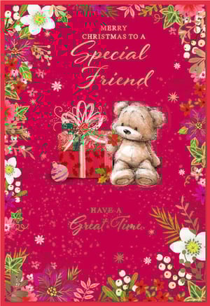 Spread festive cheer to your special female friends this Christmas with this adorable greeting card from Simon Elvin. Featuring a charming teddy bear holding a festive bloom next to a beautifully wrapped gift, all set against a vibrant red background adorned with traditional Christmas foliage and delicate snowflakes. The heartfelt message, 'Merry Christmas to a Special Friend, Have a Great Time,' makes it the perfect way to show you care. This delightful design is sure to bring a smile to her face. Available in convenient packs of 6, these cards are a wonderful addition to your seasonal collection.
