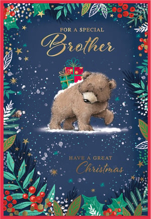 Send warm festive wishes to a special brother this Christmas with this adorable card from Simon Elvin. Featuring a charming bear cub carefully carrying two beautifully wrapped presents through a snowy, star-dusted scene, it's sure to bring a smile. The rich navy background is framed with delightful festive foliage, including holly and berries, adding to the magical winter wonderland feel. With the heartfelt message 'FOR A SPECIAL Brother' and 'HAVE A GREAT Christmas' in elegant gold script, this card is perfect for showing your appreciation. Each pack contains 6 cards, ideal for your seasonal stock.