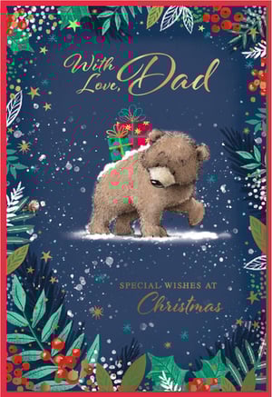 Make Dad's Christmas extra special with this heartwarming card from Simon Elvin. Featuring an utterly adorable bear cub carrying festive presents through a snowy, starry night, it's sure to bring a smile. The charming illustration is framed by a beautiful border of classic Christmas foliage, complete with holly, berries, and sparkling accents.
With the loving message 'With Love, Dad' and 'Special Wishes at Christmas', this card perfectly captures the warmth and joy of the season. A truly delightful design, ideal for showing appreciation to dads. Sold in convenient packs of 6, ensuring you're well-stocked for the festive period. A wonderful addition to any Christmas card collection.