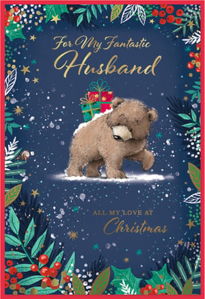 Show your fantastic husband just how much he means to you this Christmas with this adorable card from Simon Elvin. Featuring a charming brown bear carrying festive gifts through a snowy wonderland, it's sure to bring a smile to his face. The rich navy background is beautifully adorned with sparkling snow, golden stars, and lush winter foliage including holly and berries, creating a truly magical scene. With the heartfelt message 'For My Fantastic Husband' and 'ALL MY LOVE AT Christmas', this card perfectly captures the warmth and love of the season. Available in a convenient pack of 6, it's an ideal choice for your festive card selection.