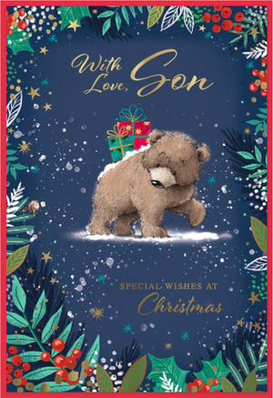 Send warm Christmas wishes to a special Son this Christmas with this adorable card from Simon Elvin. Featuring a charming bear cub carrying festive gifts through a snowy, starry night, it's framed by beautiful Christmas foliage and berries. The heartfelt message 'With Love, Son' and 'Special Wishes at Christmas' are elegantly presented in gold script. This delightful design, with its rich blue background and vibrant festive accents, is perfect for conveying your affection. Available in a convenient pack of 6, ensuring you're ready for the season.