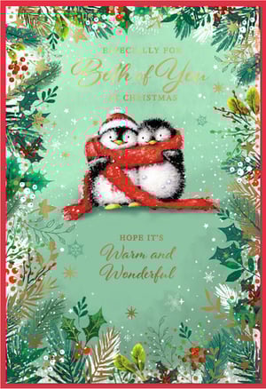 Make Christmas extra special for your customers with this charming 'To Both Of You' card from Simon Elvin. Featuring two adorable penguins snuggled together in a cosy red scarf, one sporting a festive Santa hat, this card exudes warmth and affection.

The delightful illustration is framed by beautiful Christmas foliage, berries, and sparkling accents on a soft green background, creating a truly inviting design. With the heartfelt message "Especially for Both of You at Christmas, Hope it's Warm and Wonderful," it's the perfect choice for couples, friends, or family.

This lovely card is sure to bring a smile to any recipient. Available in a convenient pack size of 1x6, ensuring you're well-stocked for the festive season.