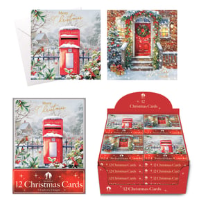 Bring festive cheer to your customers with these delightful Tallon Christmas Cards! This wholesale offering provides 24 retail packs of '12 Christmas Cards Post Box & Door', ensuring ample stock for the festive season.

Each retail pack contains 12 beautifully designed cards (6 of each design) complete with envelopes. Your customers will adore the two charming scenes: a classic red 'Santa Post' box in a snowy, holly-filled landscape with a friendly robin, and a welcoming red front door adorned with a festive wreath and garlands. These cards perfectly capture the traditional spirit of Christmas, making them ideal for sending warm holiday wishes. A must-have for your seasonal display!