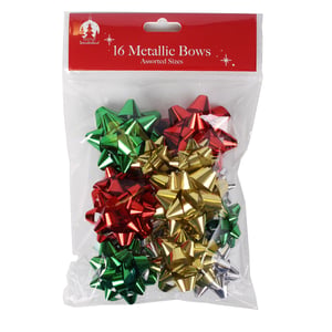 Add a touch of festive sparkle to every gift with our delightful pack of 16 Metallic Bows! Perfect for Christmas and other special occasions, these eye-catching bows come in a vibrant assortment of gold, red, silver, and green. Their metallic sheen will instantly elevate any present, making it look extra special.

Each retail pack contains 16 bows in assorted sizes, offering fantastic versatility for all your customers' gift-wrapping needs. Stock up easily with our convenient wholesale pack of 12 individual retail units. These bows are an essential, easy-to-sell item that will bring joy to your shoppers and their recipients alike.
