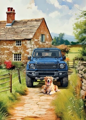 Introducing 'Grenadier On Farm (Blank)' from Country Cards, a truly heartwarming addition to your retail collection. This charming card captures an idyllic rural scene, featuring a robust blue Ineos Grenadier parked outside a picturesque stone cottage. Adding to the appeal are two adorable golden retrievers – a loyal adult and a playful puppy – resting contentedly on the sun-dappled path. The lush green landscape and quaint architecture evoke a sense of peaceful countryside living. Perfect for any occasion, this versatile blank card allows your customers to add their personal touch, making it ideal for birthdays, thank you notes, or just sending a thoughtful message. Supplied in a convenient pack of 1x6, it's sure to be a popular choice.