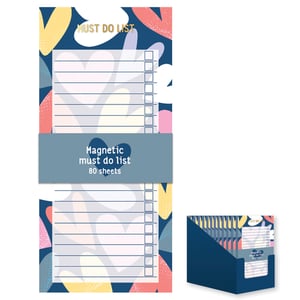 Keep your customers organised in style with our delightful Magnetic To Do List, brought to you by Design Group. This charming pad features a vibrant, abstract design with colourful heart-like shapes on a deep blue background, topped with elegant gold 'MUST DO LIST' text. Each pad is equipped with a magnetic backing, making it perfect for fridges or whiteboards, ensuring important tasks are always in sight.

With 80 sheets per pad, there's plenty of space for daily reminders and checkboxes to tick off accomplishments. This wholesale pack includes 12 individual Magnetic To Do Lists, presented in a convenient display box, ready to brighten up your retail space and fly off the shelves. A practical and pretty addition to any home or office!