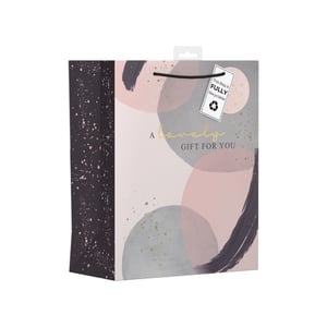 Present your gifts beautifully with our Large So Calm Gift Bag. This elegant bag features a contemporary abstract design in soft pinks, greys, and black, accented with delicate gold speckles. The front proudly displays "A lovely GIFT FOR YOU", making it perfect for any special occasion. Practical and stylish, it comes with sturdy black string handles. What's more, this bag is fully recyclable, offering an eco-conscious choice for your customers. Available in a convenient pack of 6 from Design Group, it's an ideal addition to your retail offering.