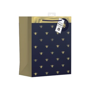 Present your gifts beautifully with our Large Busy Bees Gift Bag. This exquisite bag boasts a charming pattern of golden bees set against a rich navy blue background, perfectly accented with shimmering gold details and robust navy rope handles. Its generous 'Large' size makes it ideal for a wide range of gifts, ensuring your customers can package their presents with ease and elegance. A standout feature is the 'FULLY recyclable' tag, highlighting its eco-friendly credentials. Supplied by Design Group in a convenient pack of 6, these delightful bags are a superb choice for any retail offering.