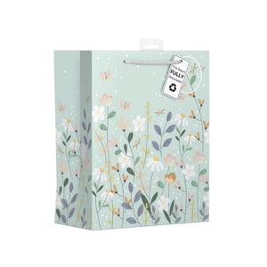 Present gifts beautifully with our Large Delicate Flowers Gift Bag from Design Group. This charming bag features a delightful array of soft pastel flowers, butterflies, and dragonflies on a serene mint green background, adding a touch of natural elegance to any present. Its generous size is perfect for a variety of gifts, while the sturdy rope handles ensure easy carrying. A key highlight is the "FULLY Recyclable" tag, making this a truly thoughtful and eco-friendly choice for your customers. Available in a convenient pack of six, it's an essential and popular addition to your retail offering.