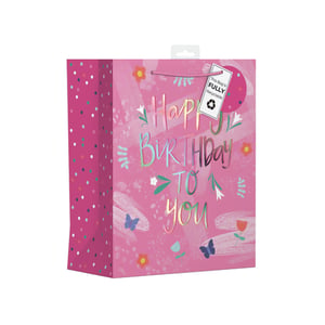 Brighten up any birthday celebration with our delightful Large Female Text Gift Bag from Design Group. This vibrant pink bag features a cheerful 'Happy Birthday To You' message in a stunning, iridescent font, surrounded by charming illustrations of butterflies, flowers, and playful confetti dots. The side panels complement the main design with a fun polka dot pattern.
Perfect for a wide range of gifts, its large size offers excellent versatility. What's more, this bag is fully recyclable, making it an eco-conscious choice for your customers. Available in a convenient pack size of 1x6, it's an essential addition to your retail gift packaging collection. Offer your shoppers a beautiful and sustainable way to present their presents!