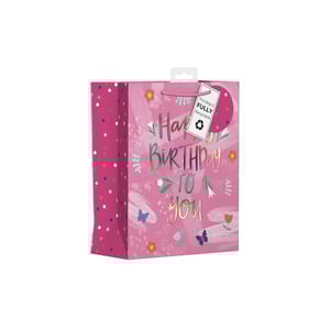 Make every birthday celebration extra special with our delightful Extra Large Female Text Gift Bag. This eye-catching design features a vibrant pink background, adorned with elegant 'Happy Birthday To You' text that shimmers with a metallic-effect finish. Charming floral and butterfly illustrations, alongside playful brushstrokes, add to its celebratory appeal. The side panels are decorated with colourful polka dots, completing the cheerful look. Perfect for larger gifts, this spacious bag comes with sturdy pink string handles for easy carrying. A thoughtful choice for any recipient, it proudly carries a 'fully recyclable' tag. Stock up your shelves with these popular bags from Design Group, available in a convenient pack of 6.