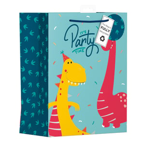 Get ready to roar with excitement with our Large Birthday Dinosaurs Gift Bag! Perfect for any dino-mite celebration, this vibrant gift bag features two friendly dinosaurs, one sporting a party hat, alongside the cheerful message "It's Party Time". The playful design, complete with colourful confetti and a fun dinosaur footprint pattern on the side, is sure to make any present extra special.
Plus, your customers will love that this bag is fully recyclable, making it a fantastic eco-conscious choice. Supplied by Design Group, you can trust in the quality and appeal of this eye-catching bag. Available in a convenient pack size of 1x6, it's an essential addition to your party supplies range.