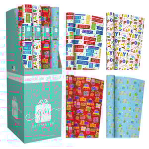 Brighten up any birthday celebration with our delightful 3M Birthday Roll Wrap, supplied by Design Group. This wholesale pack contains 50 individual rolls, each 3 metres long, offering excellent value and variety for your customers.

You'll find four distinct, colourful designs, perfect for all ages. Choose from playful text patterns like 'HAPPY BIRTHDAY', 'MAKE A WISH', and 'PARTY!', or charming illustrations of gift boxes and cakes on vibrant red and blue backgrounds. What's more, this gift wrap is recyclable, appealing to eco-conscious shoppers. Stock up on this versatile and cheerful collection to ensure your shelves are always ready for those special occasions.